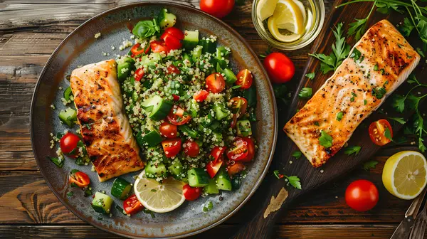 Healthy Grilled Salmon Dish Served with Quinoa Salad