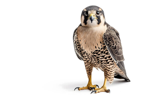 A detailed portrait of a Peregrine Falcon exhibiting its plumage and physical characteristics, perched on a piece of wood against a white background.