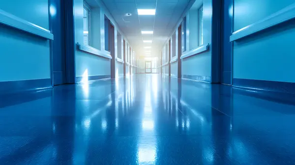 Polished floors and bright lighting in a clean hospital passageway