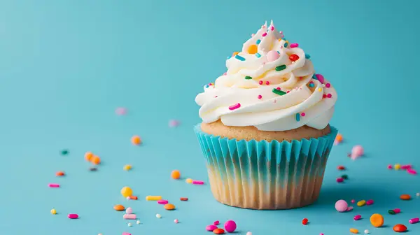 A lit birthday cupcake decorated with white frosting and colorful sprinkles