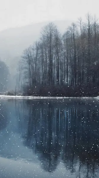 A tranquil winter scene featuring a snowy forest and still lake under a serene, snowy atmosphere.