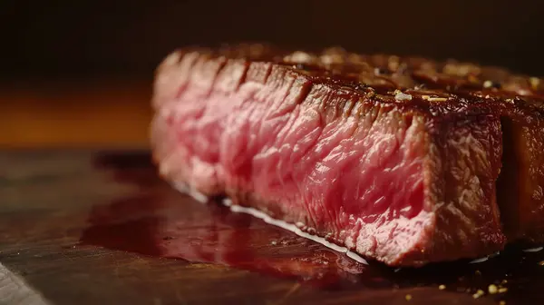 Juicy Medium-Rare Steak on a Wooden Surface with Seasoning