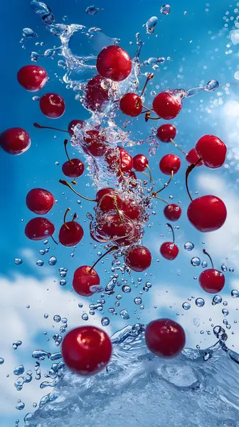 Vibrant Cherries Splashing Water Blue Sky Royalty Free Stock Photos