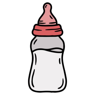 Göğüs ucu, pembe ve gri renkli bir bebek beslenme şişesinin el çizimi çizimi çizimi