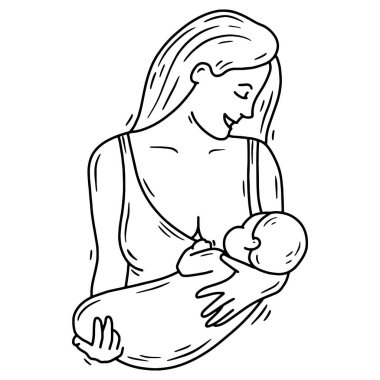 Emziren anne ve bebeğin el çizimi vektör çizimi, doğrusal biçimi