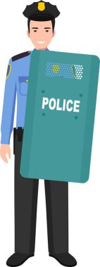 Geleneksel Üniforma Karakteri Simgesinde Metal Koruyucu Kalkanla Ayakta Duran Amerikan Polis Memuru.