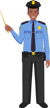 Geleneksel Üniforma Karakteri Simgesinde Tahta İşaret Çubuğuyla Ayakta Duran Afrikalı Amerikalı Polis Memuru.