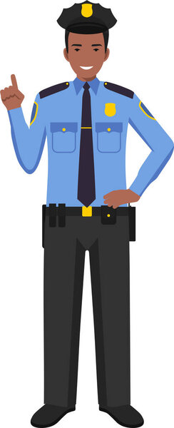 Standing African American Policeman Officer in Traditional Uniform Character Icon in Flat Style.