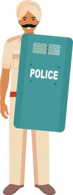Türban ve Geleneksel Üniforma Karakteri Simgesinde Metal Koruyucu Kalkanla Ayakta Duran Hint Polis Memuru.