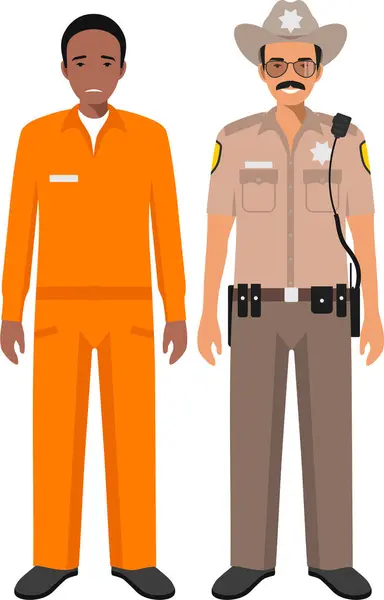 Stående Amerikansk Polis Sheriff Officer Uniform Och Afroamerikansk Fånge Person Vektorgrafik