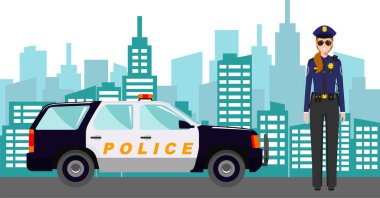 Young Cute Smiling Standing Policewoman Officer in Uniform with Police Car and Modern Cityscape in Flat Style. clipart