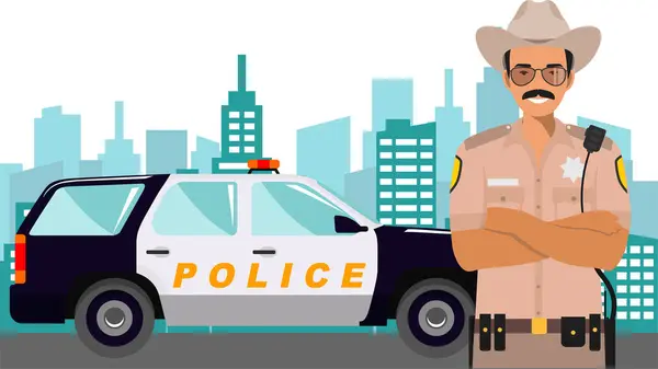Joven Lindo Sonriente Policía Pie Sheriff Oficial Uniforme Con Coche Ilustraciones de stock libres de derechos