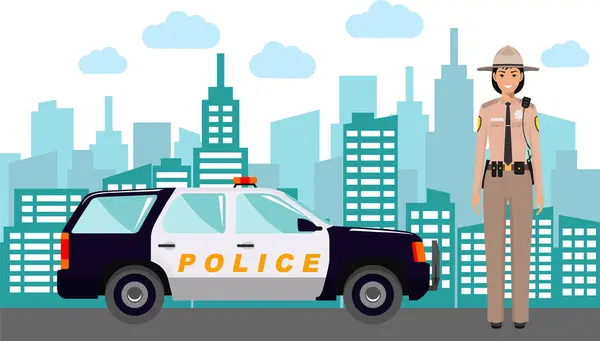 Ung Söt Leende Stående Poliskvinna Sheriff Officer Uniform Med Polisbil Stockvektor