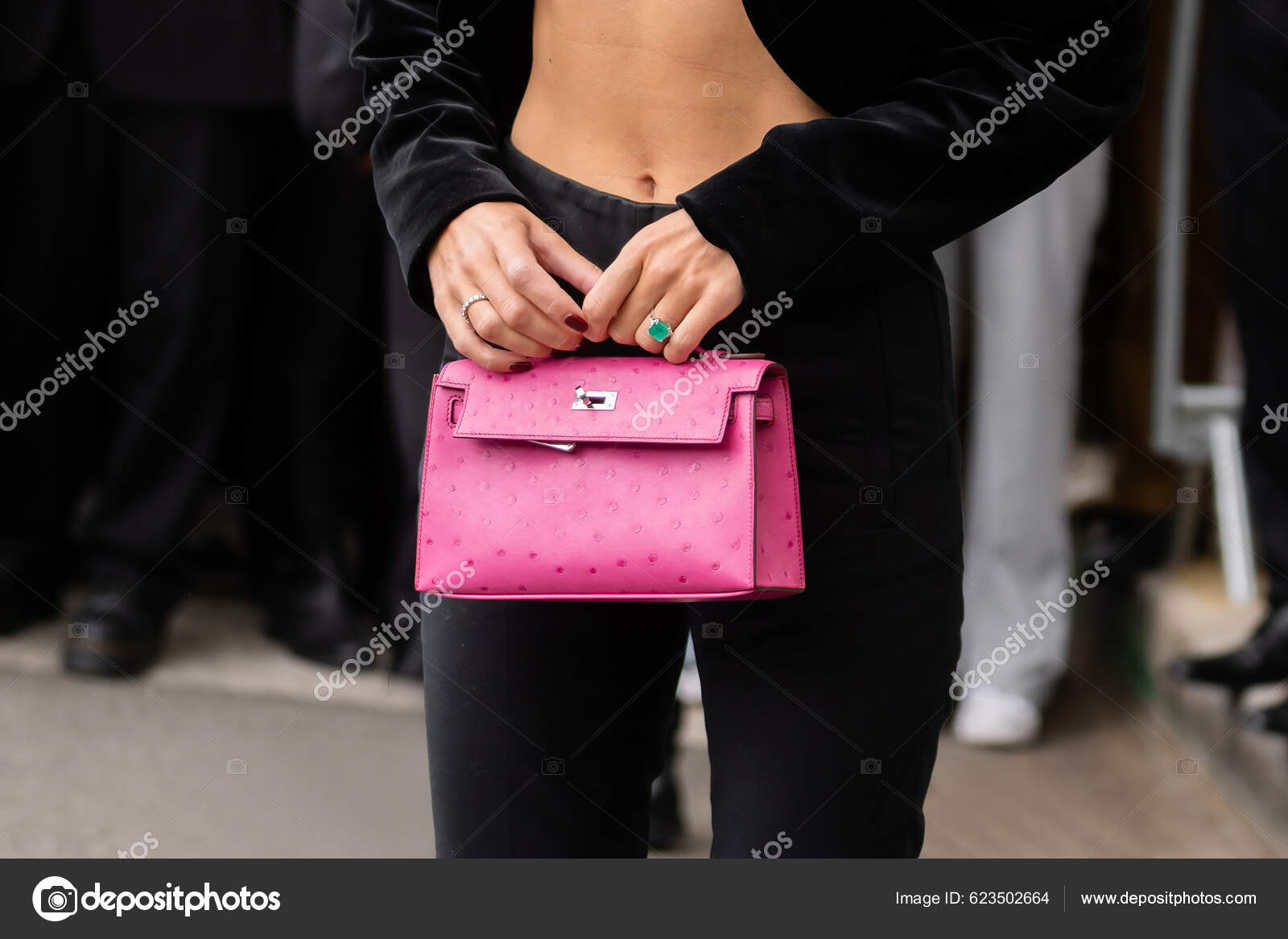 Paris France October Woman Wearing Rose Leather Kelly Handbag