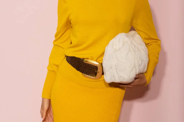 stock image Milan, Italy - September, 25: woman influencer wearing white wool knitted Invoga handbag from Luisa Spagnoli. Fashion blogger outfit details, street style