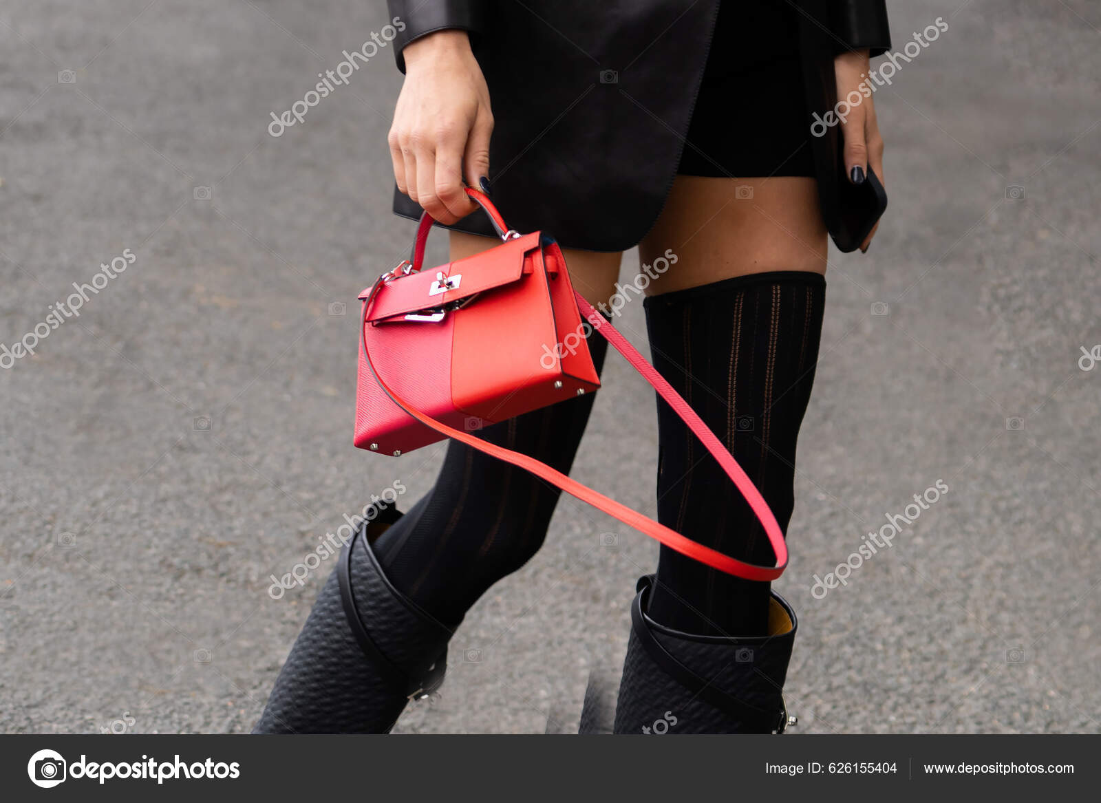 Paris France October 2022 Woman Wearing Black Leather Kelly