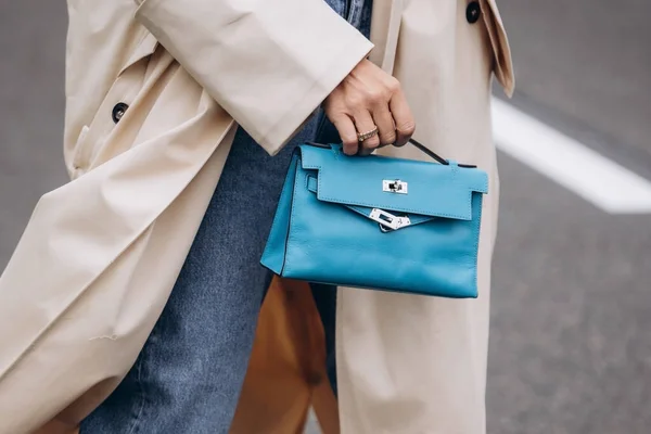 Milan, Italy - September, 25: Woman Influencer Wearing Blue Hermes Kelly Bag.  Fashion Blogger Outfit Details Editorial Stock Image - Image of leather,  milan: 262435829
