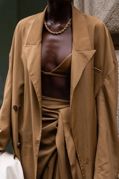 Milan Italy September 2022 Stylish Women Wearing Camel Brown Coat — Stock Photo, Image