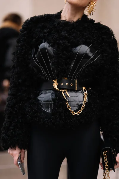 Paris France January 2023 Woman Wear Black Shearling Cardigan Jacket — Stock Photo, Image