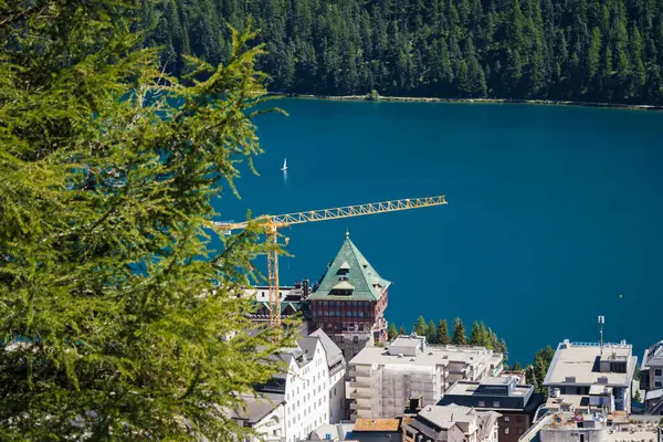 Švýcarsko Moritz Června 2023 Letecký Pohled Město Morirz Jezero Slunečného — Stock fotografie