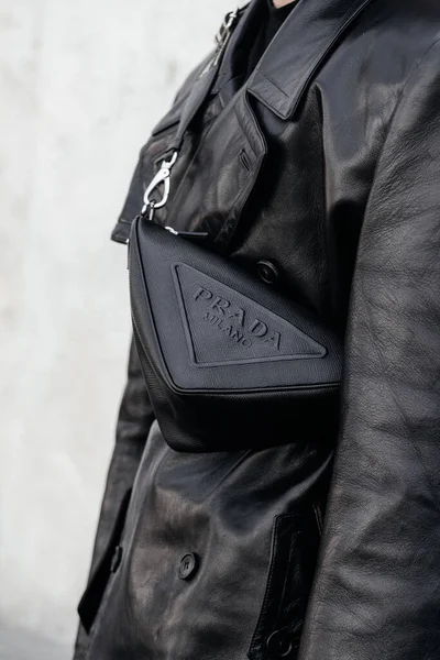 Milan Italy June 2022 Man Wears Black Prada Triangle Leather — Stock Photo, Image