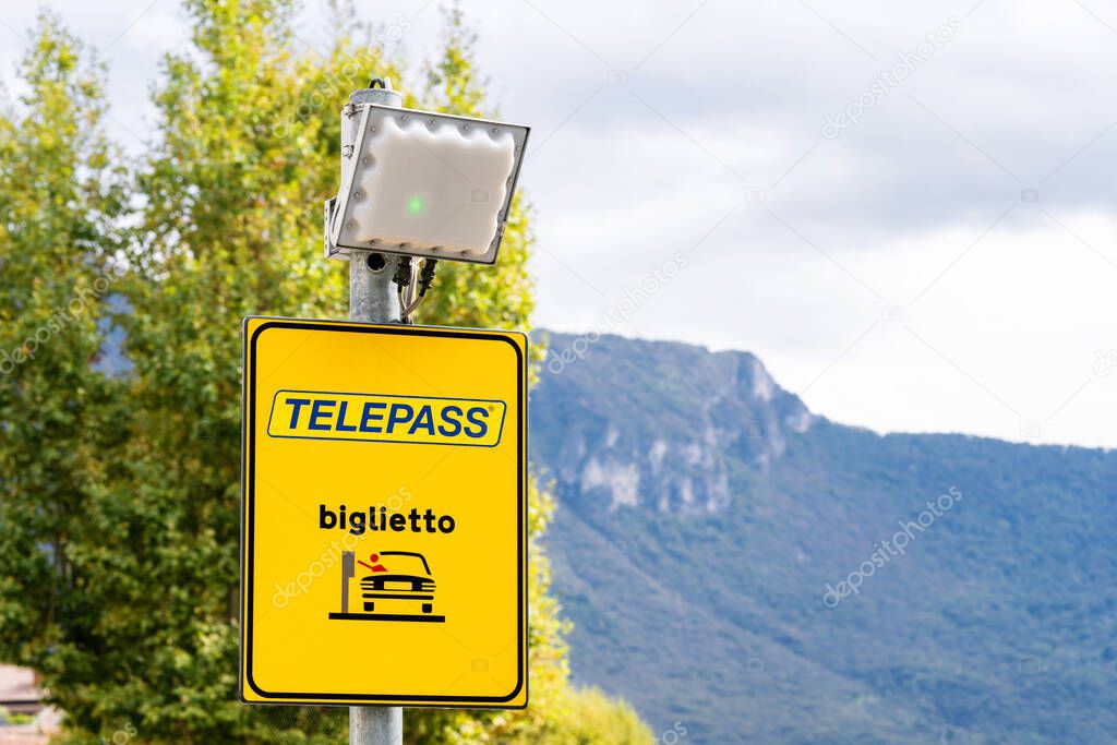 Lecco, Italy - August 15, 2022: Telepass electronic toll collection. Payment with Telepass or card