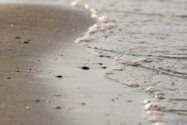 Gün batımında kumlu sahilde yumuşak okyanus dalgaları, seçici odaklanma, desenli desen