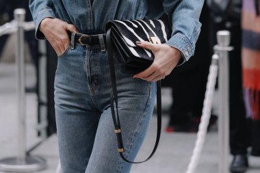 Paris, Fransa - 25 Ocak 2023: Alaia Zebra omuz çantası giyen modacı. Moda blogcusu kıyafet detayları, sokak tarzı