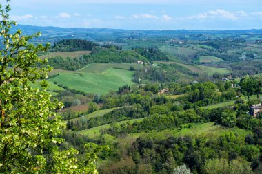 Toscana 'nın panoramik ve güzel kırsal manzarası. İtalya 'da yeşil tarlalar ve çayırlar.