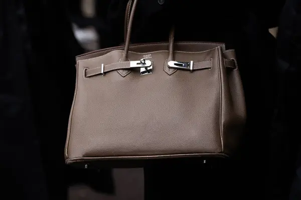 Paris, Fransa - 25 Ocak 2024: Kadın Hermes Birkin marka el çantası giyiyor, sokak tarzı detaylar.