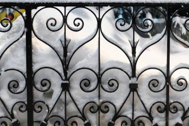 İşlenmiş demir çitin, karda çiçeklerle süslenmiş yakın çekim parçası, metal desenli süsleme.