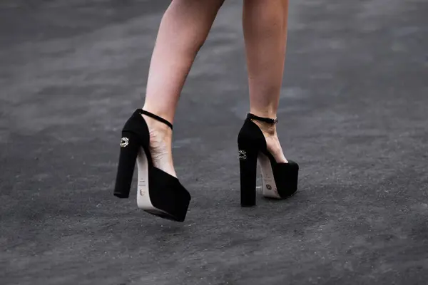 stock image Paris, France - January, 24, 2024: woman wears Elie Saab platform high heels, street style details, fashion outfit detail