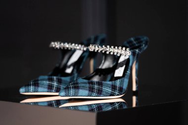 Milan, Italy - February, 25, 2023: Jimmy Choo high heels on podium showcase, woman accessories in the store display. clipart