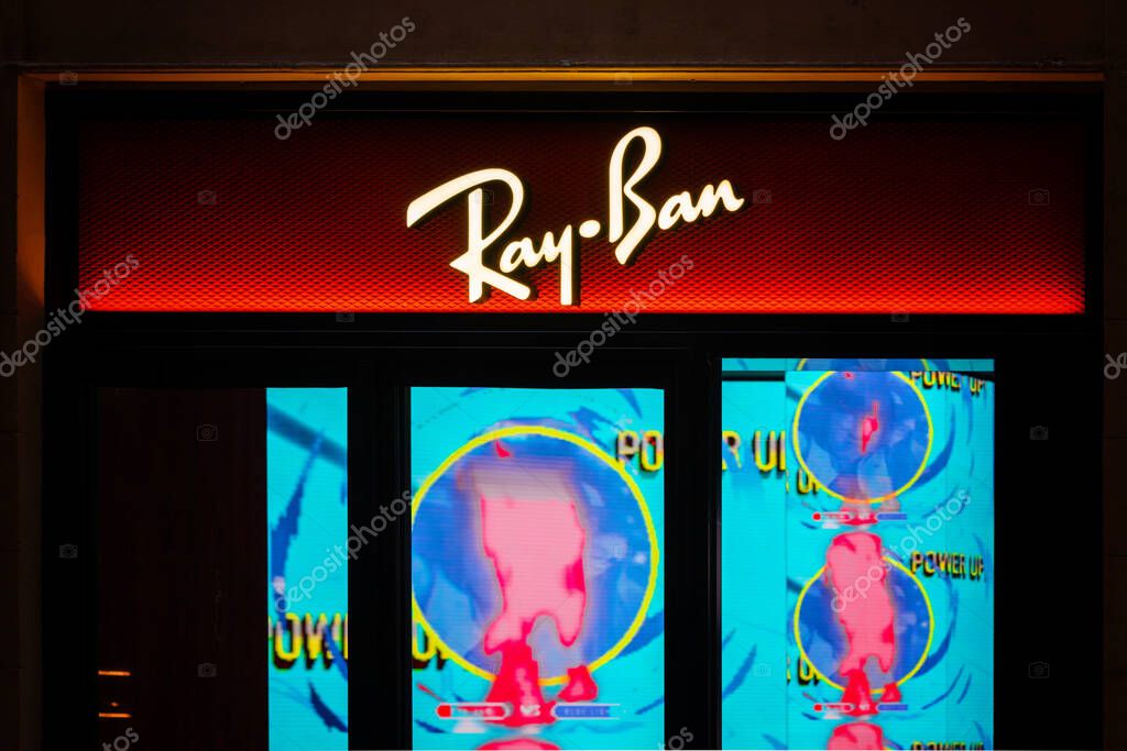 Florence, Italy - 01.09.2022: Ray-Ban window display of the store in Milan, vitrine of the shop