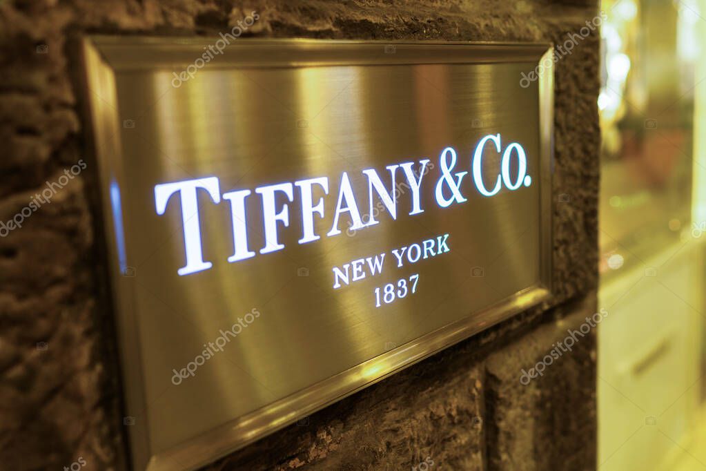 Florence, Italy - 31.08.2022: Tiffany Co window display of the store in Milan, vitrine of the shop
