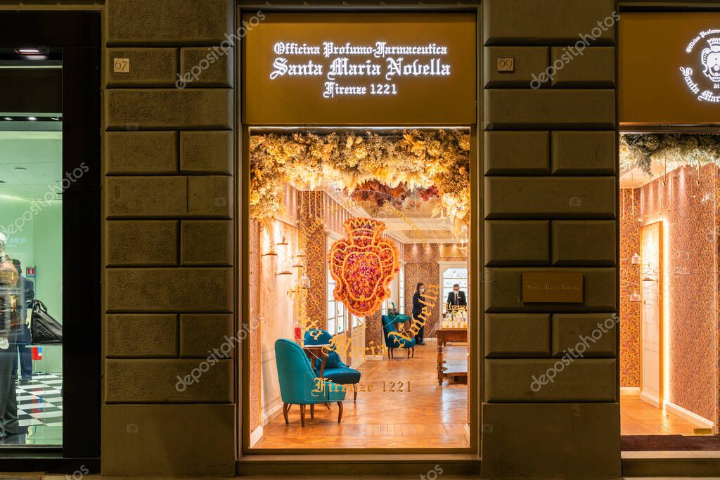 Florence, Italy - 31.08.2022: Santa Maria Novella window display of the store in Milan, vitrine of the shop