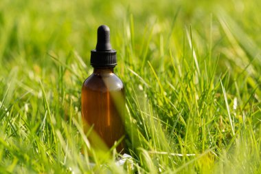 clear brown serum bottle lying in lush green grass, sunlight reflecting on the bottle clipart