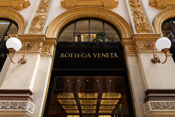 stock image Milan, Italy - 24.04.2024: Bottega Veneta showcase located at shopping gallery in the center of Milan, Galleria Vittorio Emanuele, vitrine of the clothes shop