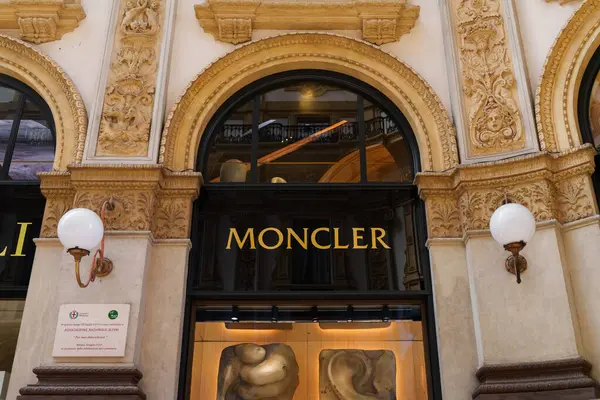 stock image Milan, Italy - 24.04.2024: Moncler showcase located at shopping gallery in the center of Milan, Galleria Vittorio Emanuele, vitrine of the clothes shop