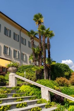 Uzun palmiye ağaçları, krem rengi duvarları ve pencereleri olan zarif bir villanın önünde duruyor. Güneşli merdiven ve bereketli yeşillik huzurlu ve manzaralı atmosfere katkı sağlar.