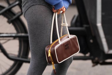 Paris, Fransa - 11 Mart 2025: Fildişi çift kulplu kahverengi deri Miu Miu çanta ve altın fermuar. Kutu şekli ve logo ayrıntıları. Sokak tarzı kıyafet ayrıntıları.