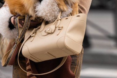 Paris, Fransa - 11 Mart 2025: krem derisi Ralph Lauren Ricky 27 çanta altın aksanlı. Tarafsız kırbaç ve tilki kürkü manto. Sokak tarzı kıyafet ayrıntıları.