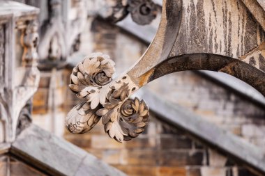 Milan, İtalya - 19.03.2024: Gotik mimari detay ve tarihi bina dış mimarisi Milan Duomo Katedrali.