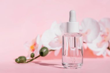 Şeffaf cam damlalar beyaz kapaklı, yumuşak pembe çiçekli arka plan, temiz ve minimalist güzellik ürünleri tasarımı