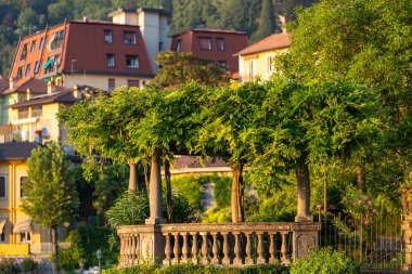 Renkli köy evlerinin arka planına kurulmuş, dekoratif taş kiremit üzerine yeşillikle kaplı yemyeşil bir pergola. Ilık ışık yaz atmosferini canlandırır.