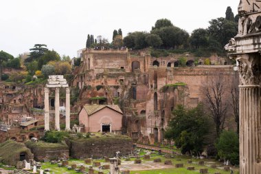 Roma, İtalya - 09.12.2022: Castor ve Pollux Tapınağı. Tarihi mimari ile manzaralı antik Roma kalıntıları.