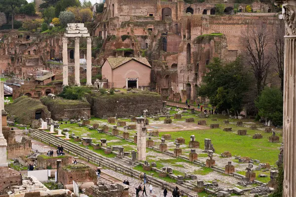 Roma, İtalya - 09.12.2022: Roma Forumunda Castor ve Pollux Tapınağı. Antik Roma harabeleri, mimari miras ve tarihi eser.