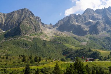 Passo Tonale, İtalya - 10.08.2024: Yeşillik ve kayalık zirveleri olan görkemli dağ manzarası.