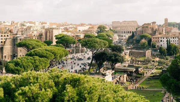 Roma, İtalya - 09.12.2022: Kolezyum 'daki yemyeşil alanlarla çevrili antik Roma harabelerinin panoramik manzarası.