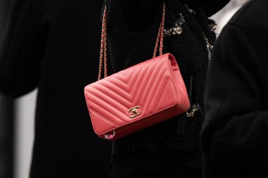 Paris, Fransa - 24 Ocak 2024: Kadın Chanel çanta giyiyor, sokak tarzı detaylar, moda kıyafeti ayrıntıları.